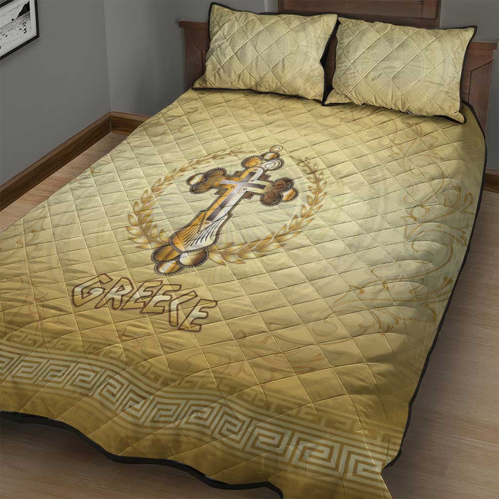 Greece Orthodox Cross Quilt Bed Set Ancient Greek Key Gold Heritage