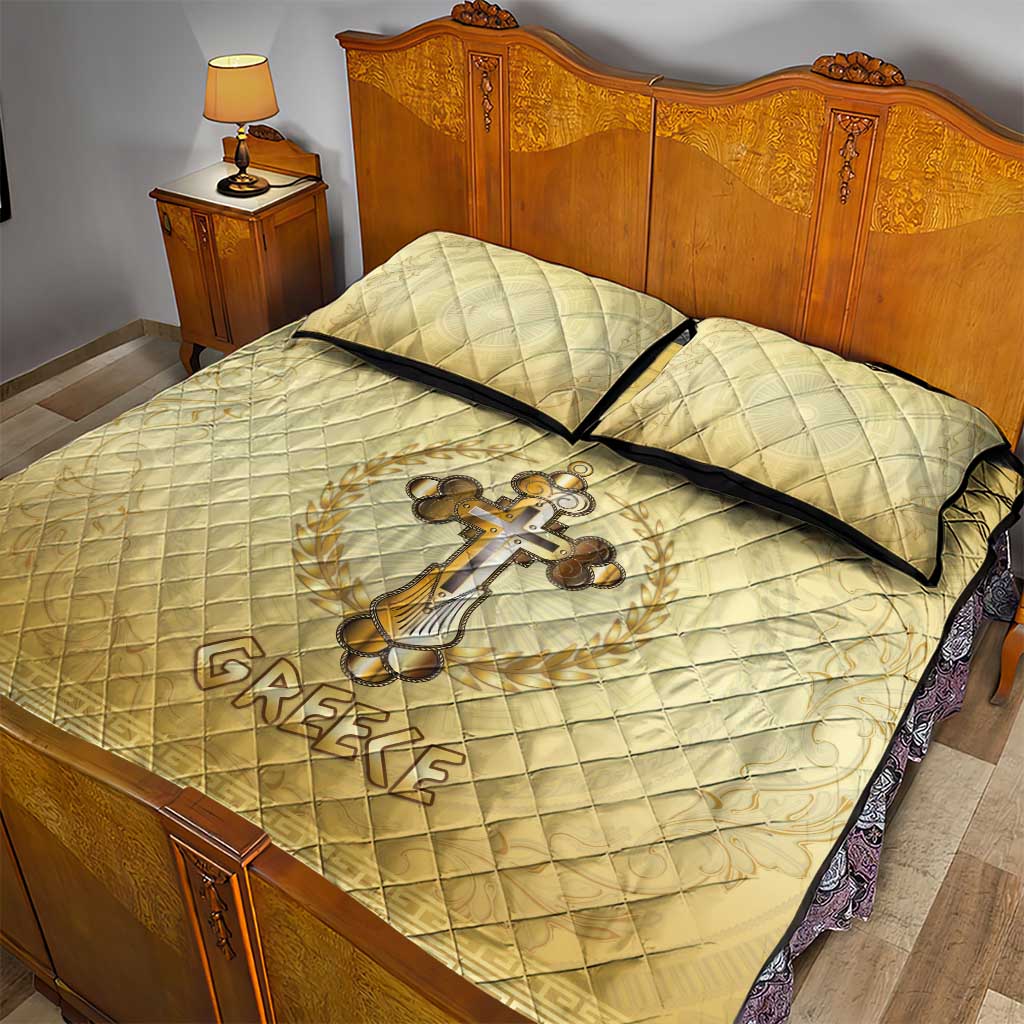 Greece Orthodox Cross Quilt Bed Set Ancient Greek Key Gold Heritage