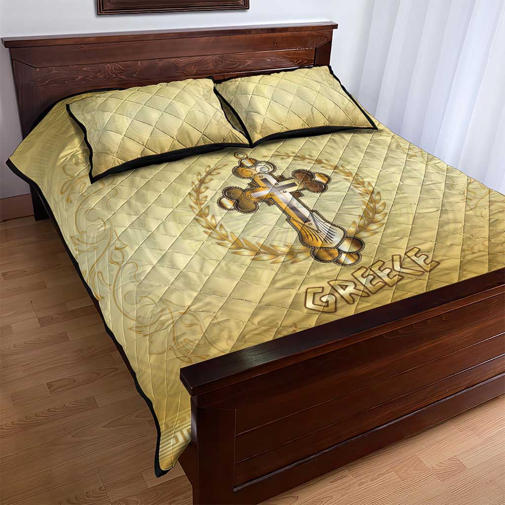 Greece Orthodox Cross Quilt Bed Set Ancient Greek Key Gold Heritage