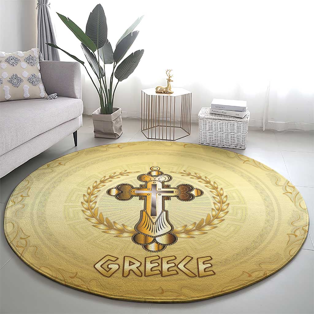 Greece Orthodox Cross Round Carpet Ancient Greek Key Gold Heritage