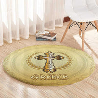 Greece Orthodox Cross Round Carpet Ancient Greek Key Gold Heritage