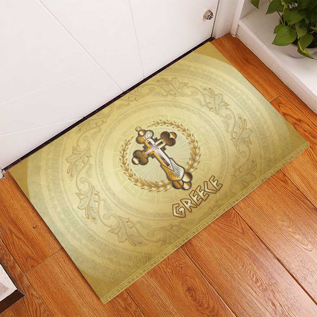 Greece Orthodox Cross Rubber Doormat Ancient Greek Key Gold Heritage