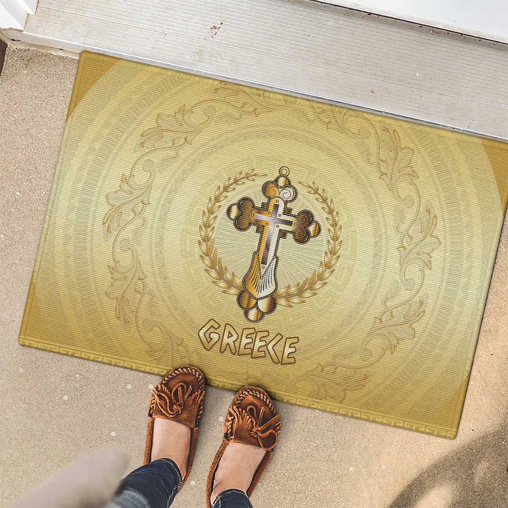 Greece Orthodox Cross Rubber Doormat Ancient Greek Key Gold Heritage