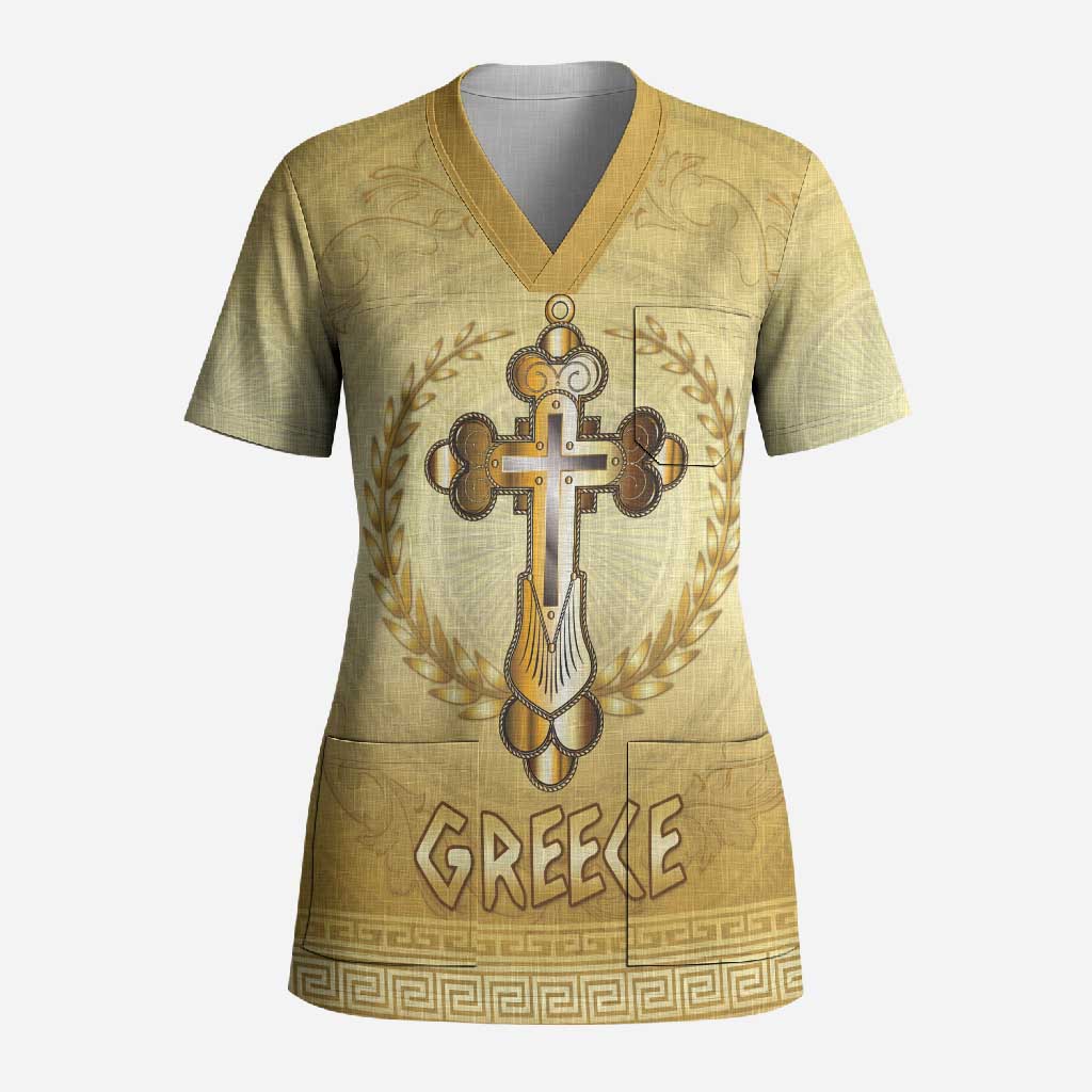 Greece Orthodox Cross Scrub Top Ancient Greek Key Gold Heritage
