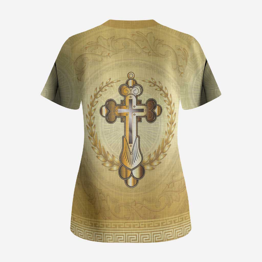 Greece Orthodox Cross Scrub Top Ancient Greek Key Gold Heritage