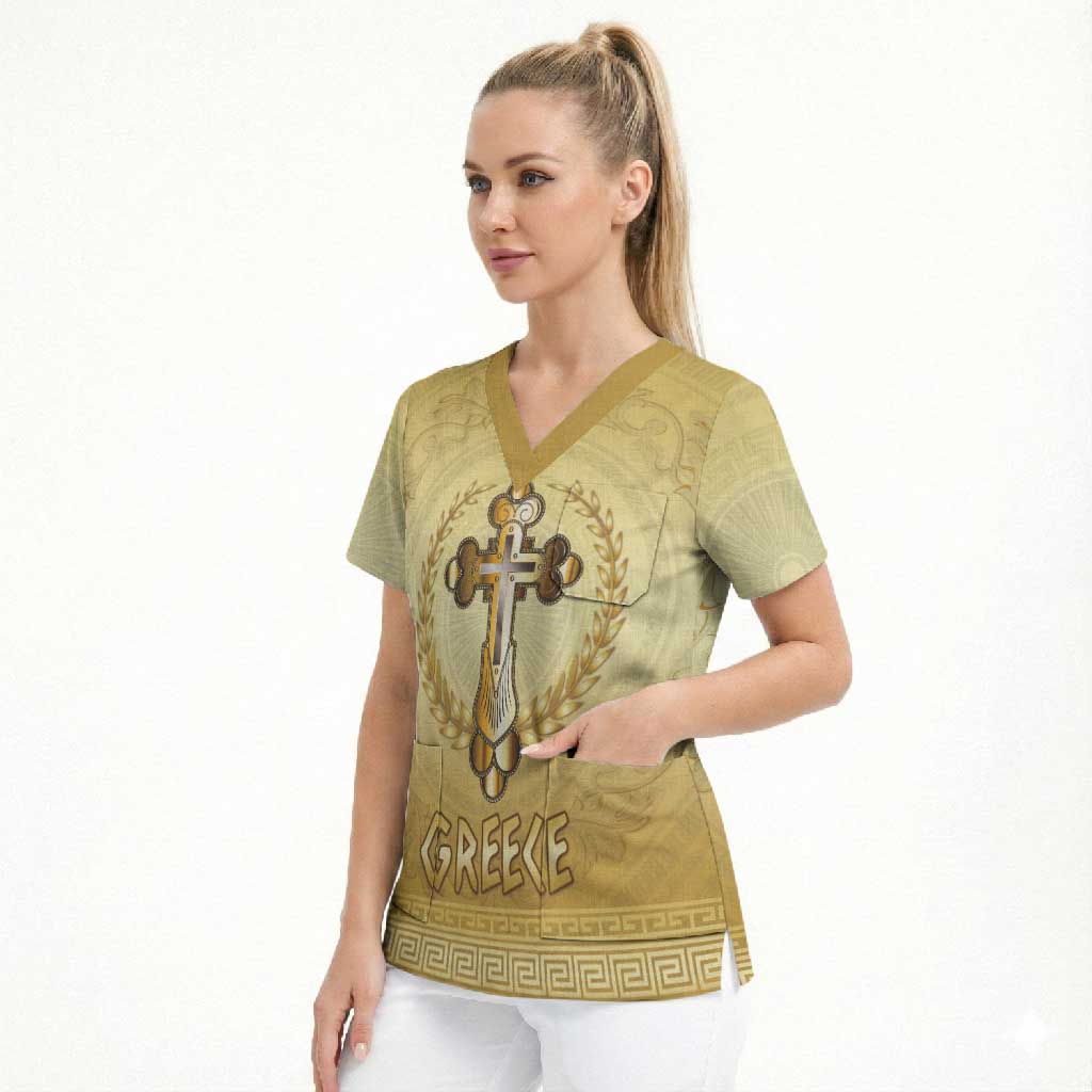 Greece Orthodox Cross Scrub Top Ancient Greek Key Gold Heritage