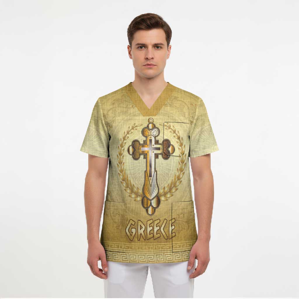 Greece Orthodox Cross Scrub Top Ancient Greek Key Gold Heritage