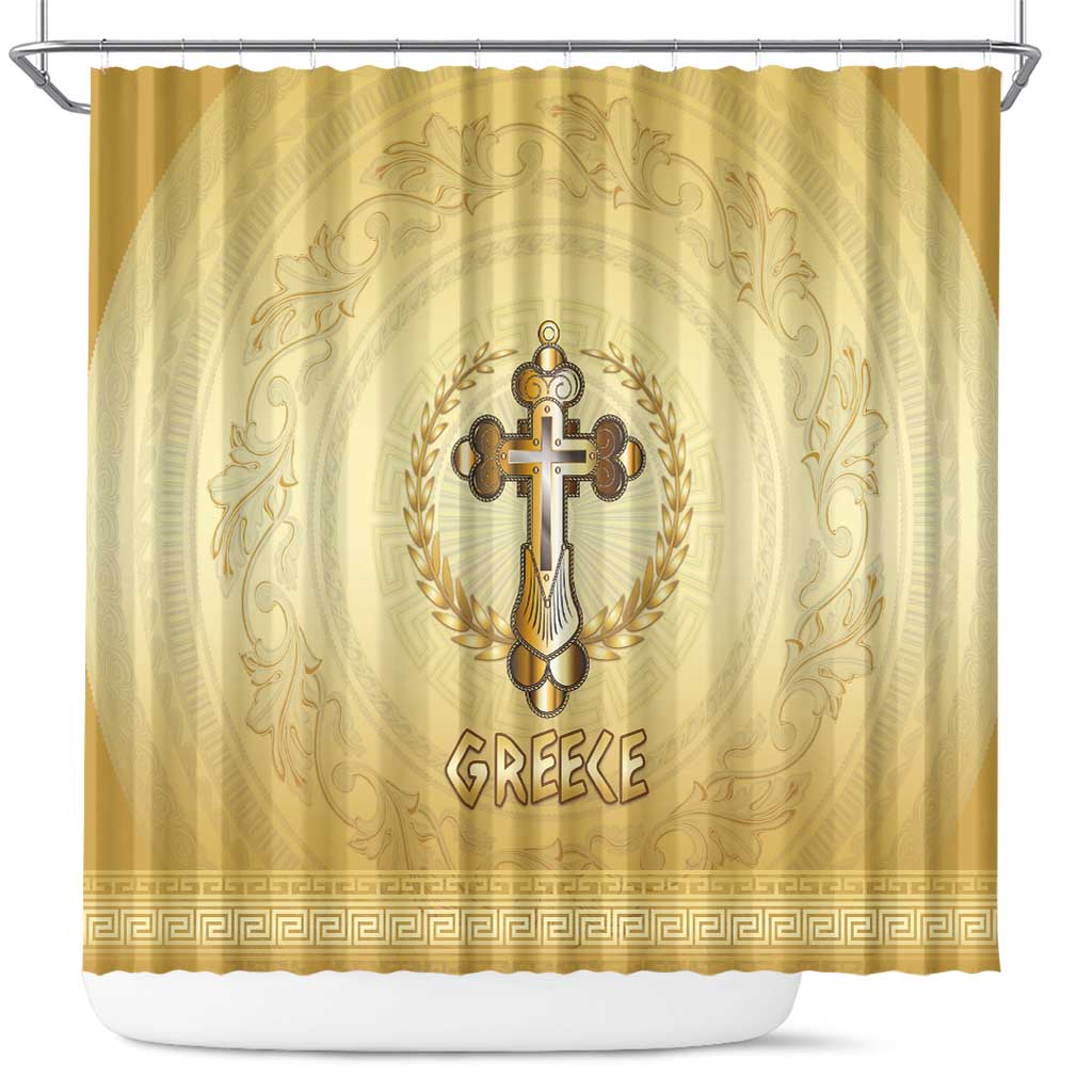 Greece Orthodox Cross Shower Curtain Ancient Greek Key Gold Heritage