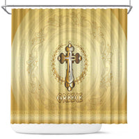 Greece Orthodox Cross Shower Curtain Ancient Greek Key Gold Heritage