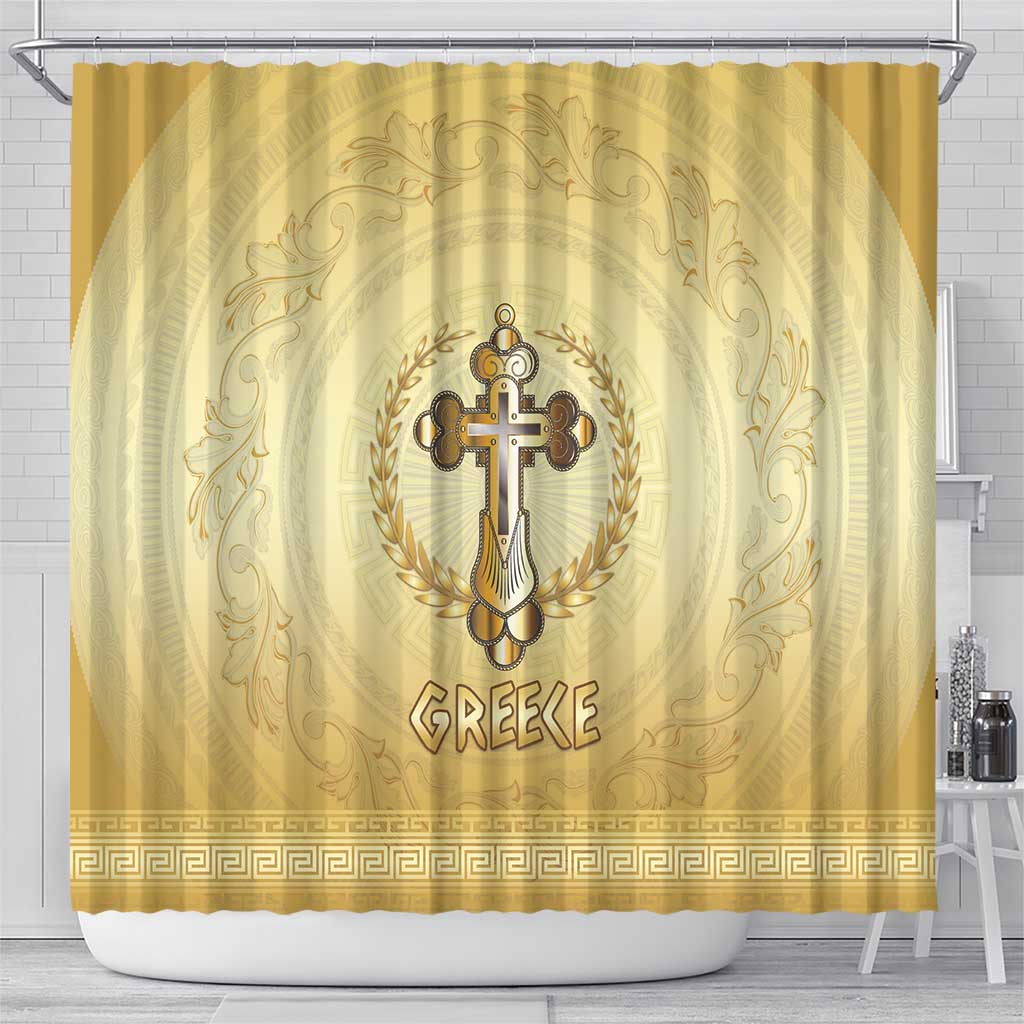 Greece Orthodox Cross Shower Curtain Ancient Greek Key Gold Heritage