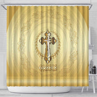 Greece Orthodox Cross Shower Curtain Ancient Greek Key Gold Heritage