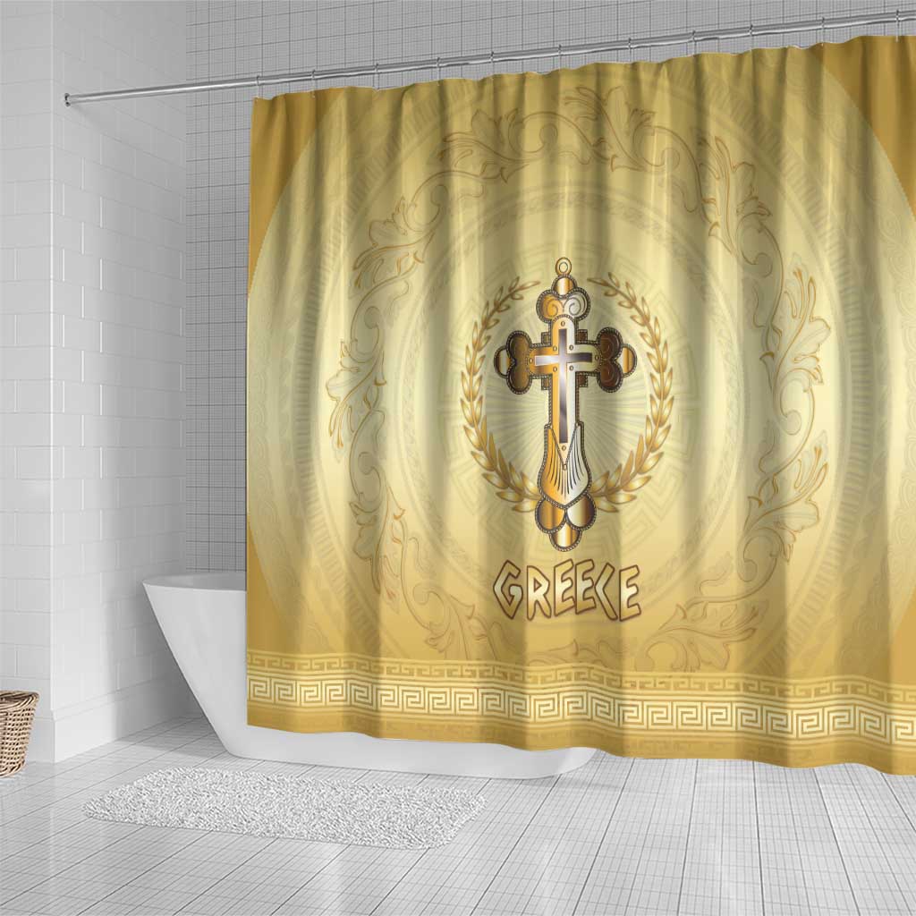 Greece Orthodox Cross Shower Curtain Ancient Greek Key Gold Heritage