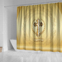 Greece Orthodox Cross Shower Curtain Ancient Greek Key Gold Heritage