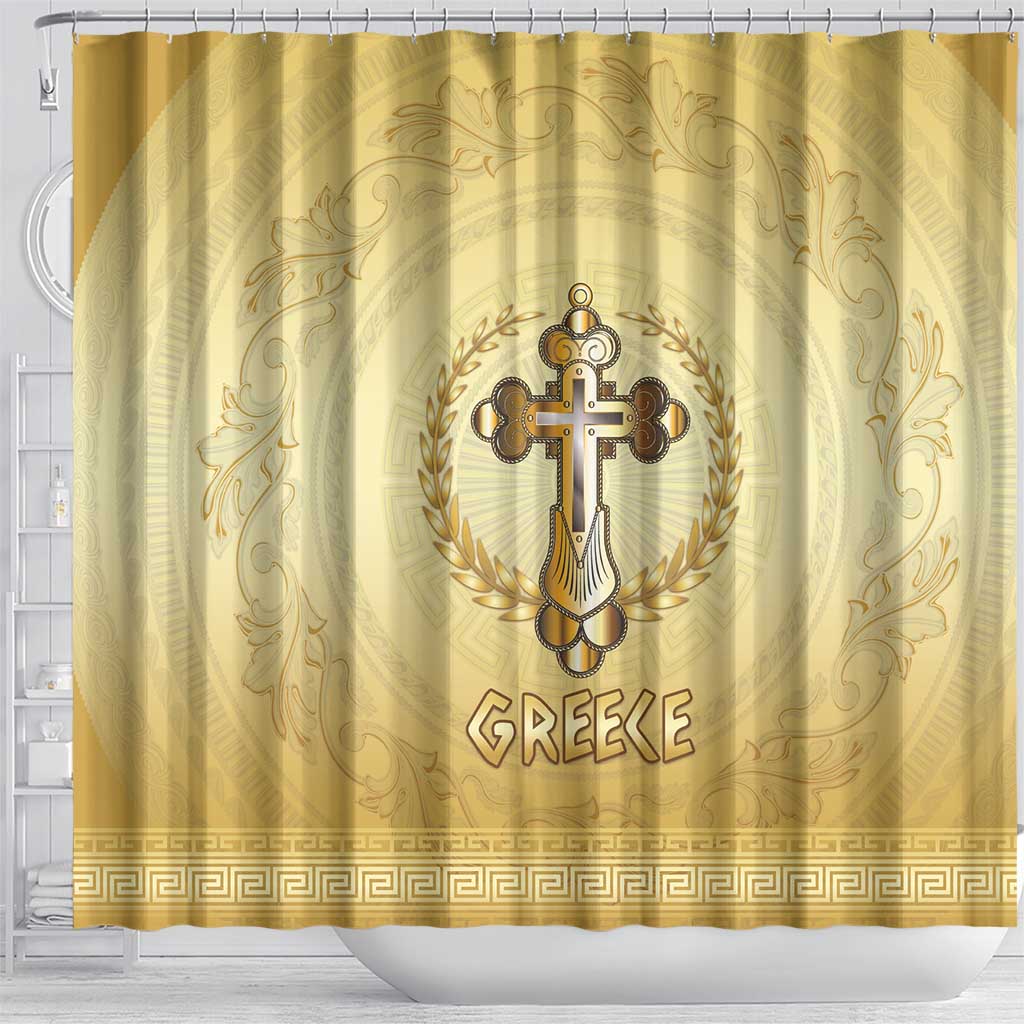 Greece Orthodox Cross Shower Curtain Ancient Greek Key Gold Heritage