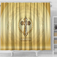 Greece Orthodox Cross Shower Curtain Ancient Greek Key Gold Heritage