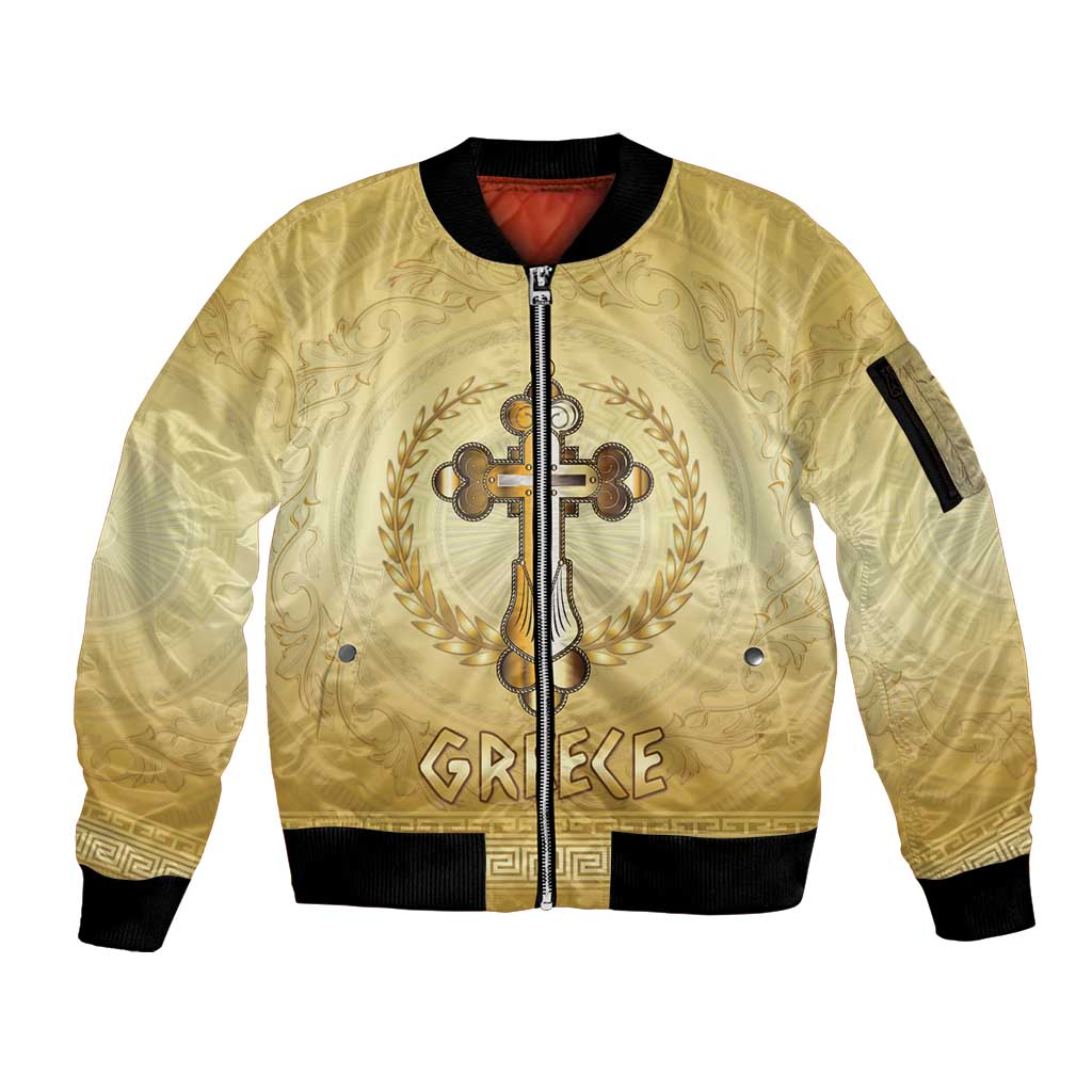 Greece Orthodox Cross Sleeve Zip Bomber Jacket Ancient Greek Key Gold Heritage