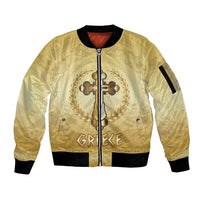 Greece Orthodox Cross Sleeve Zip Bomber Jacket Ancient Greek Key Gold Heritage