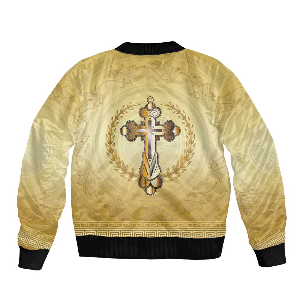 Greece Orthodox Cross Sleeve Zip Bomber Jacket Ancient Greek Key Gold Heritage