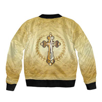 Greece Orthodox Cross Sleeve Zip Bomber Jacket Ancient Greek Key Gold Heritage