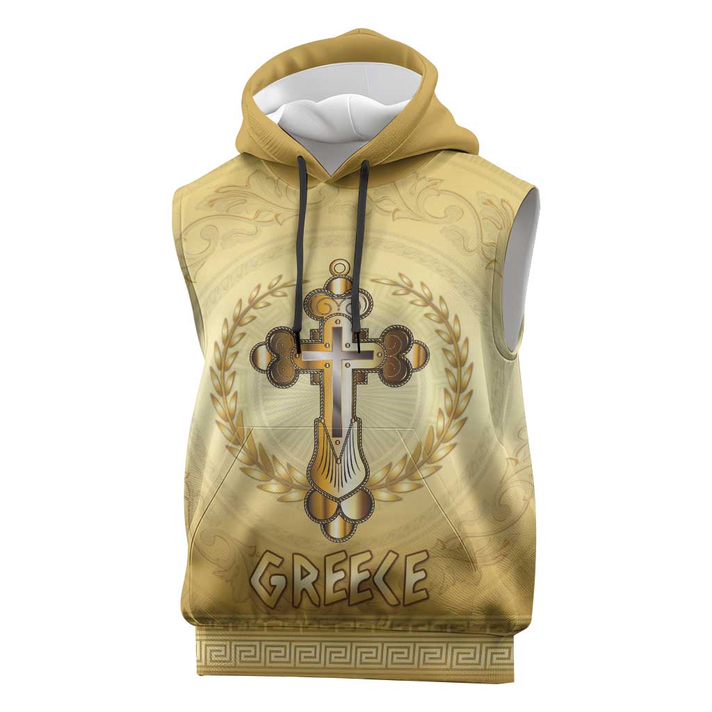 Greece Orthodox Cross Sleeveless Hoodie Ancient Greek Key Gold Heritage
