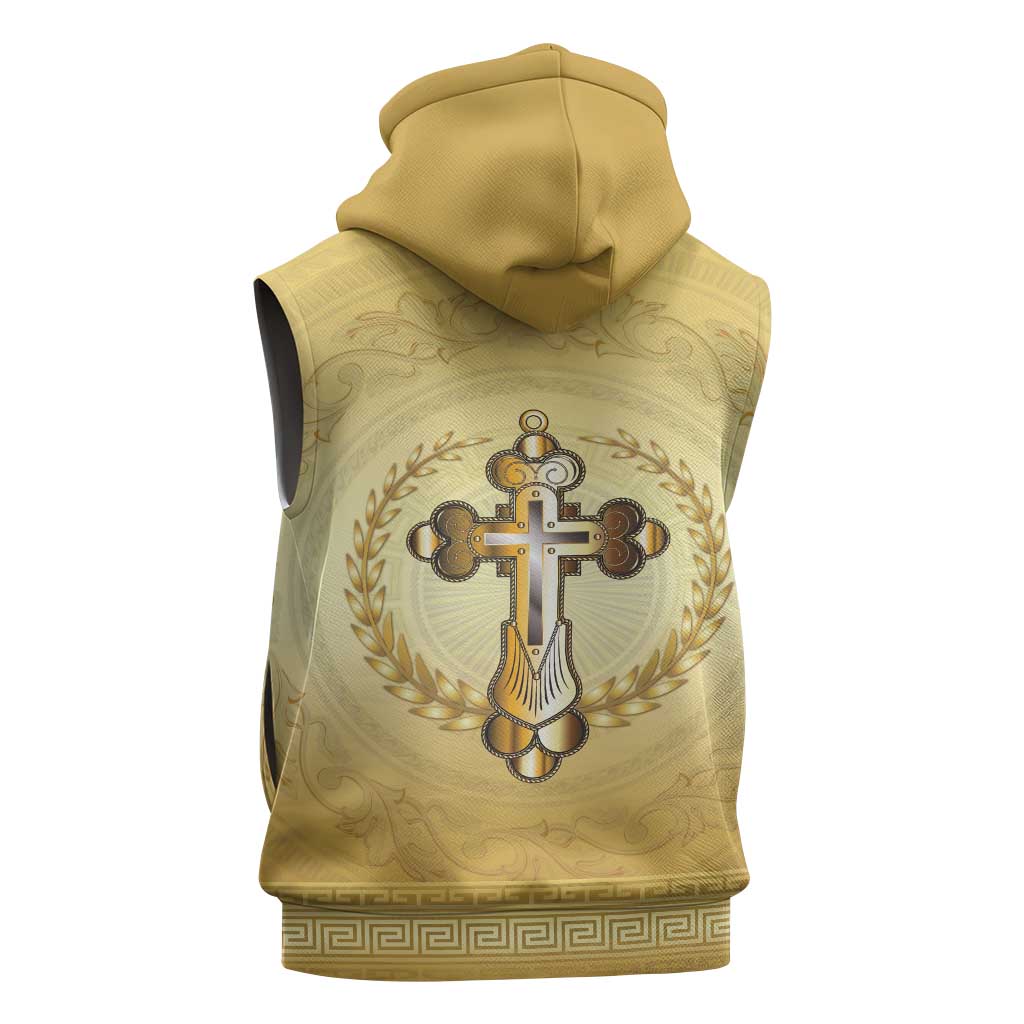 Greece Orthodox Cross Sleeveless Hoodie Ancient Greek Key Gold Heritage