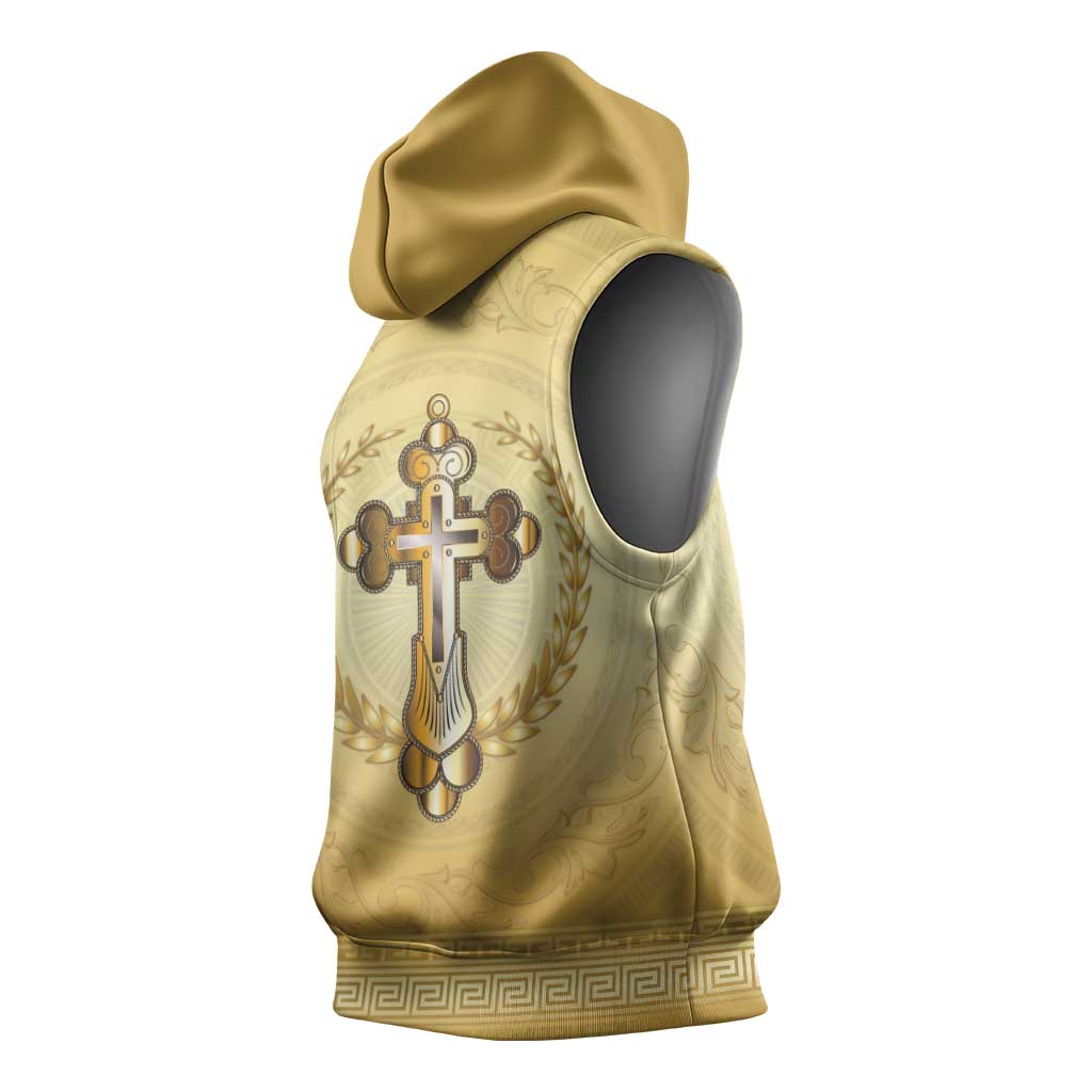 Greece Orthodox Cross Sleeveless Hoodie Ancient Greek Key Gold Heritage