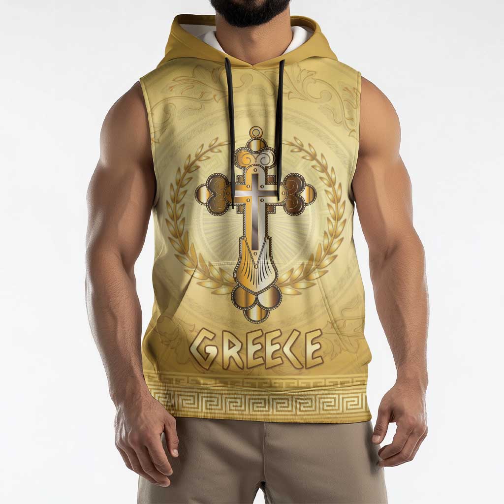 Greece Orthodox Cross Sleeveless Hoodie Ancient Greek Key Gold Heritage