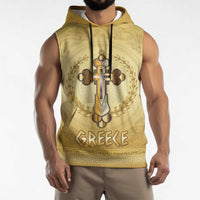Greece Orthodox Cross Sleeveless Hoodie Ancient Greek Key Gold Heritage