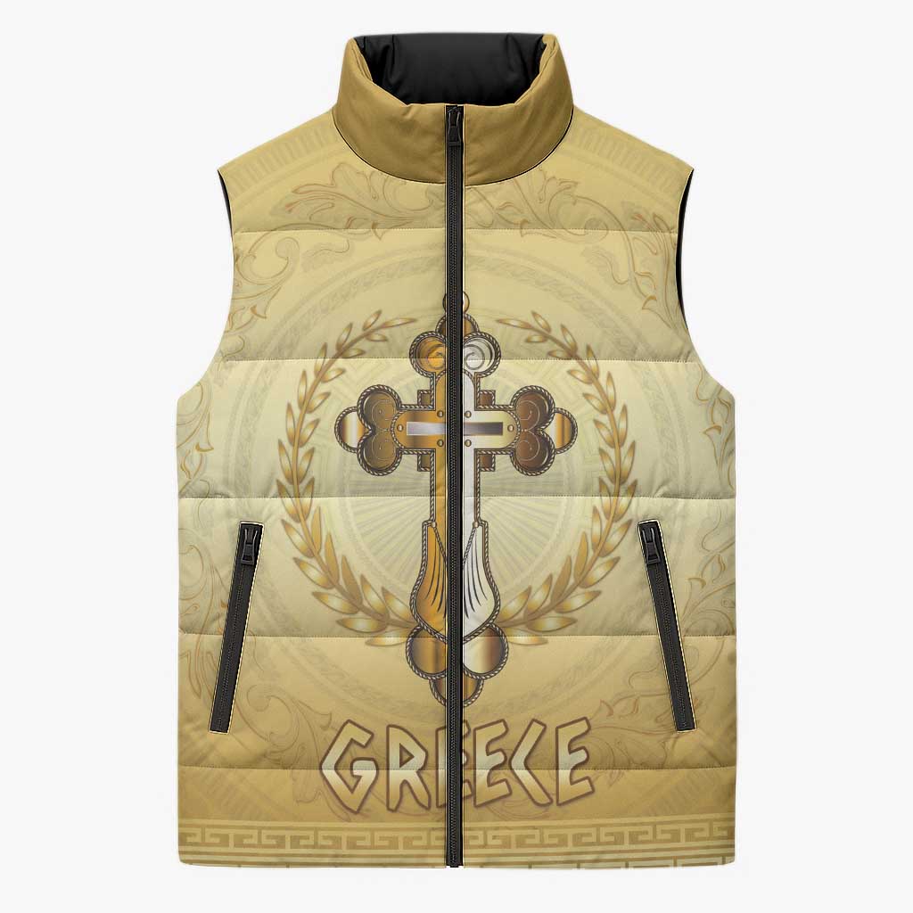 Greece Orthodox Cross Sleeveless Puffer Jacket Ancient Greek Key Gold Heritage