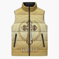 Greece Orthodox Cross Sleeveless Puffer Jacket Ancient Greek Key Gold Heritage
