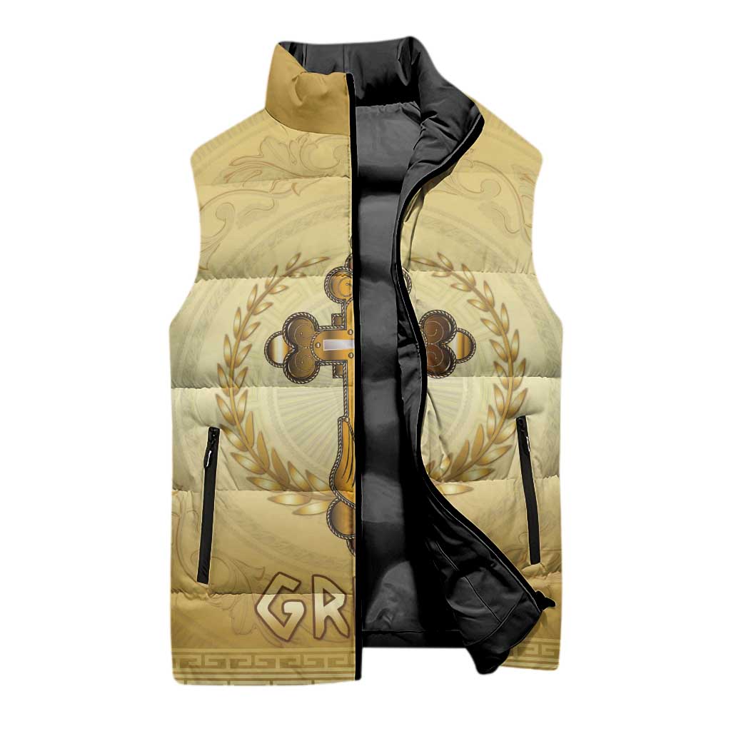 Greece Orthodox Cross Sleeveless Puffer Jacket Ancient Greek Key Gold Heritage