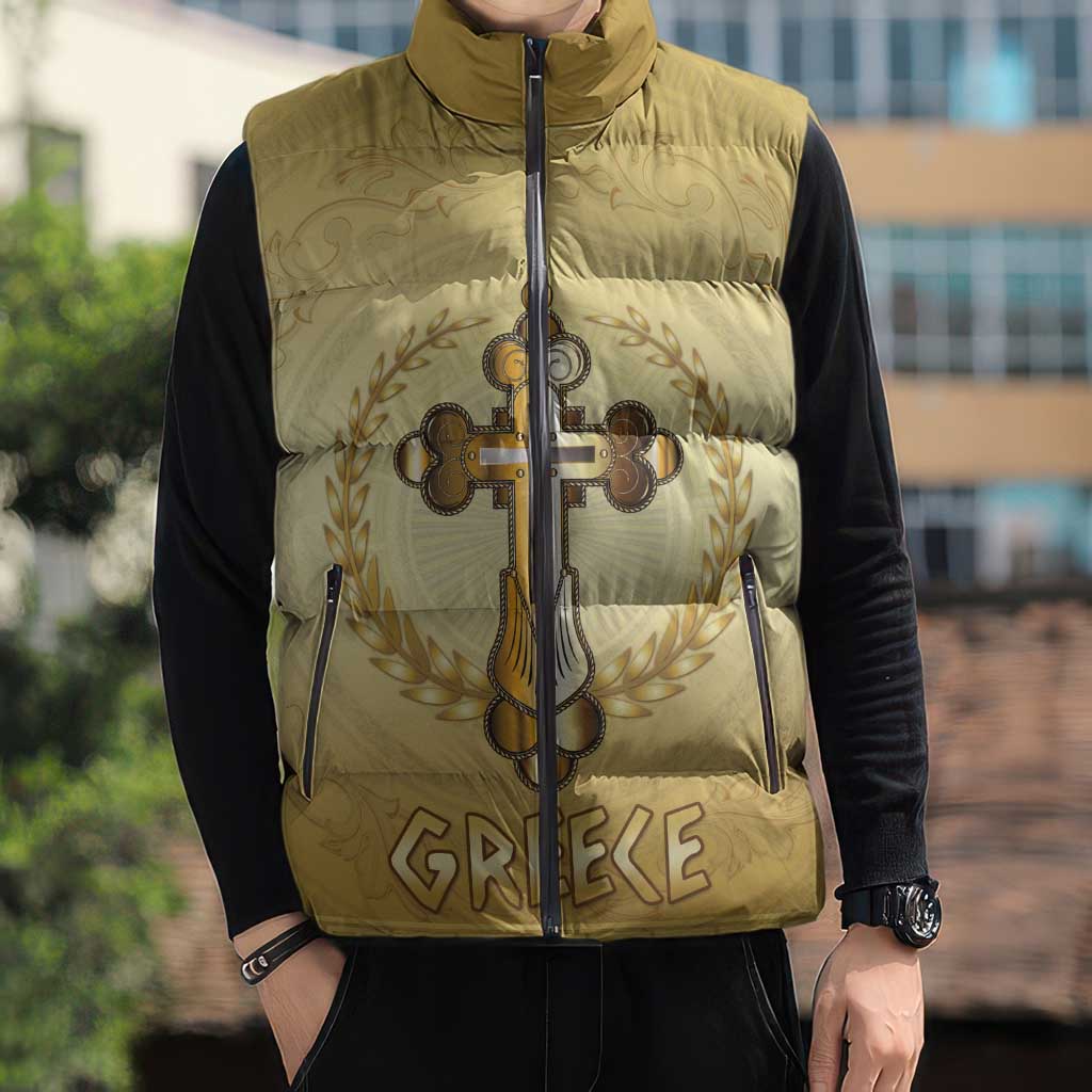 Greece Orthodox Cross Sleeveless Puffer Jacket Ancient Greek Key Gold Heritage