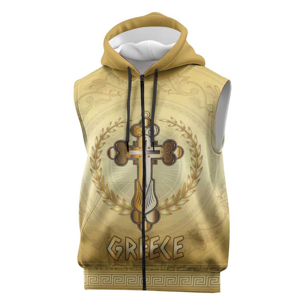 Greece Orthodox Cross Sleeveless Zip Hoodie Ancient Greek Key Gold Heritage