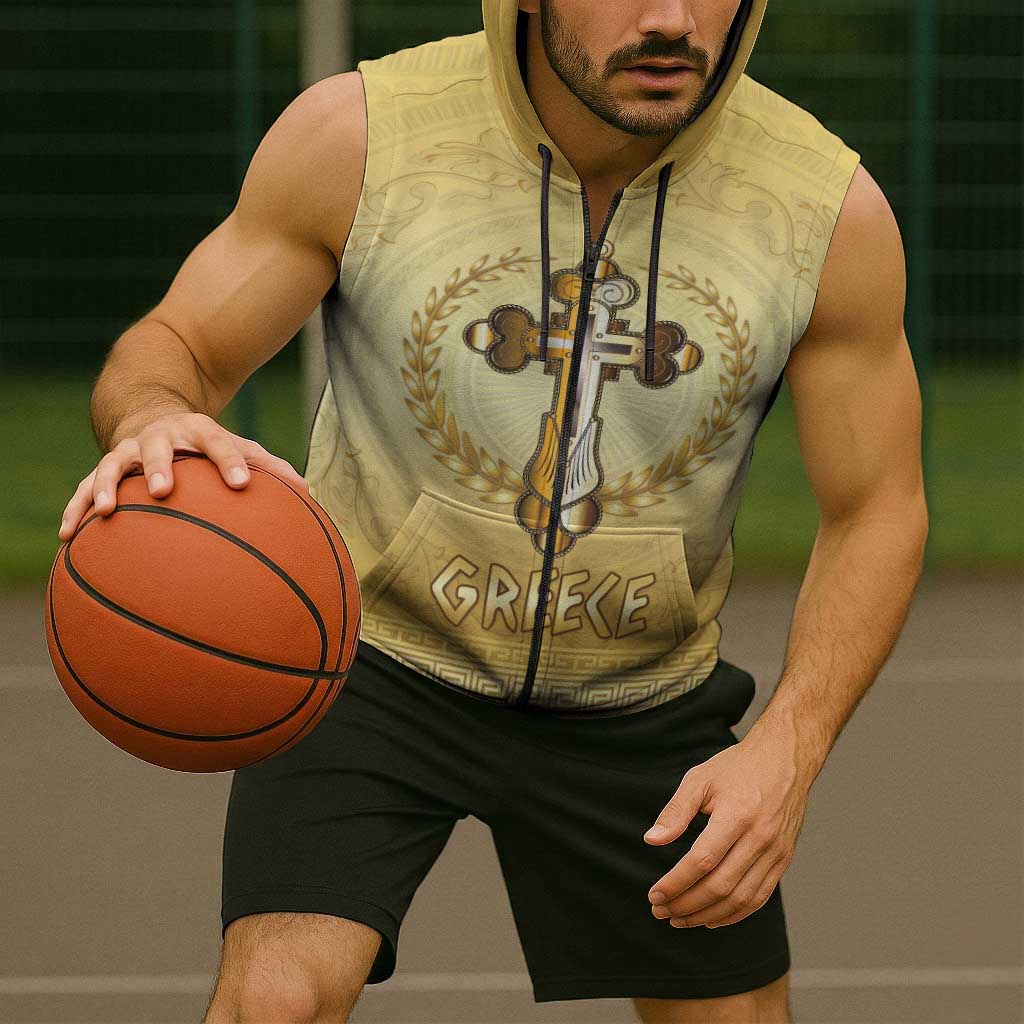 Greece Orthodox Cross Sleeveless Zip Hoodie Ancient Greek Key Gold Heritage