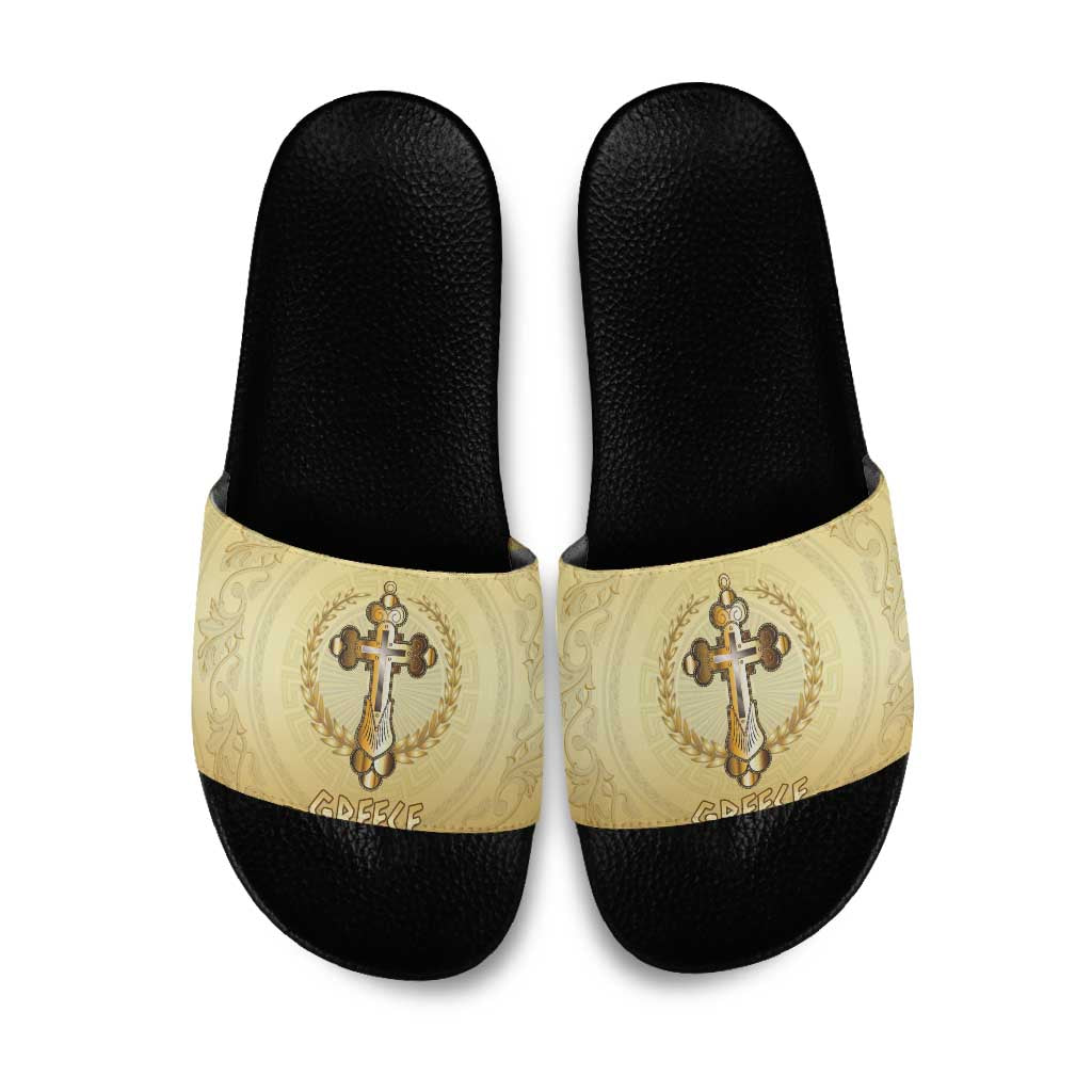 Greece Orthodox Cross Slide Sandals Ancient Greek Key Gold Heritage