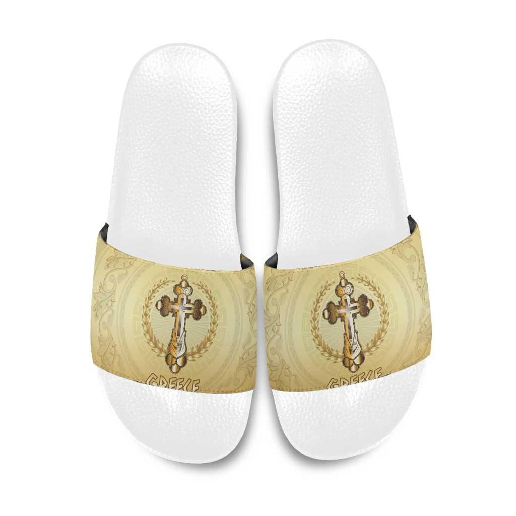 Greece Orthodox Cross Slide Sandals Ancient Greek Key Gold Heritage