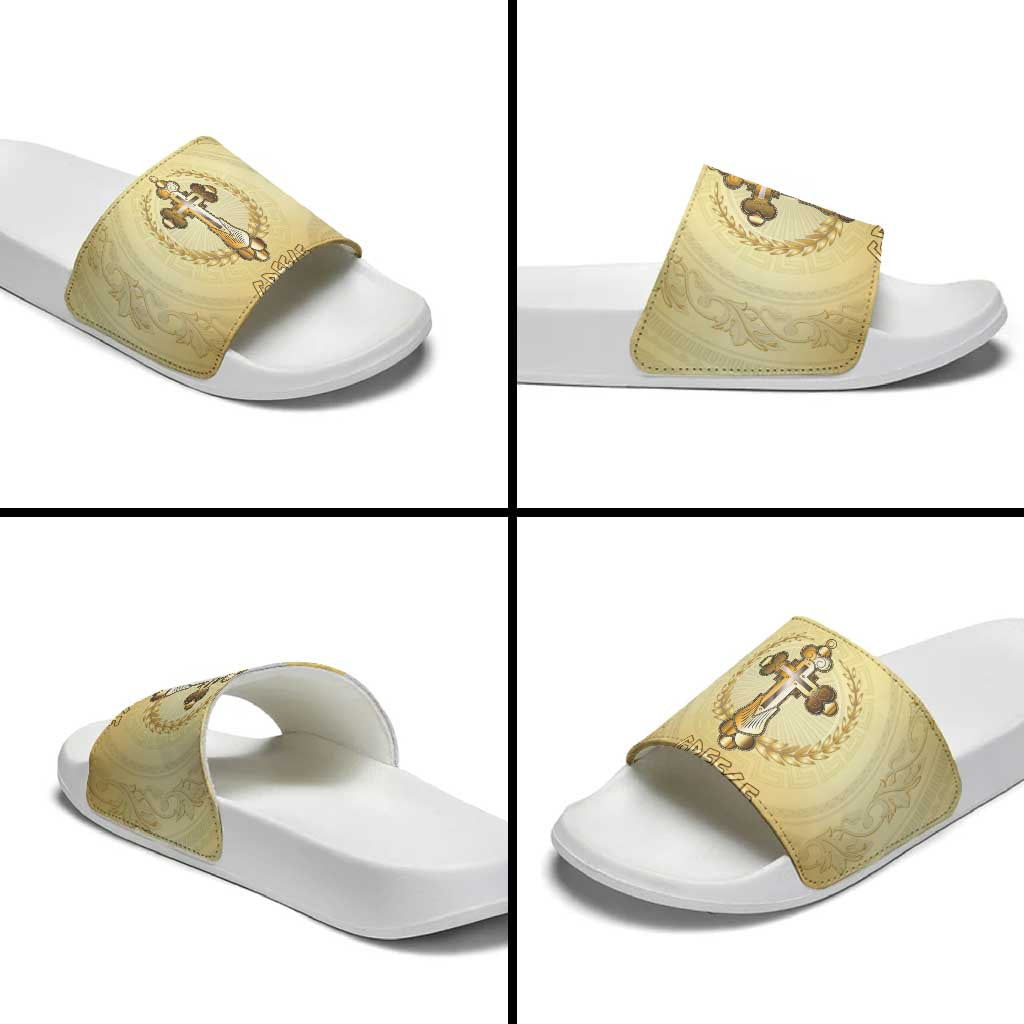 Greece Orthodox Cross Slide Sandals Ancient Greek Key Gold Heritage