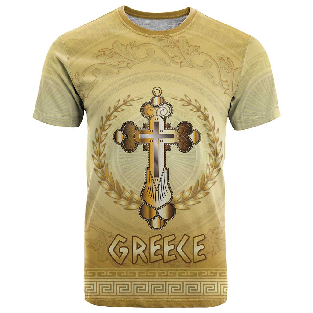 Greece Orthodox Cross T Shirt Ancient Greek Key Gold Heritage