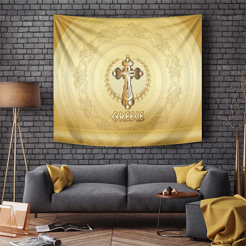 Greece Orthodox Cross Tapestry Ancient Greek Key Gold Heritage