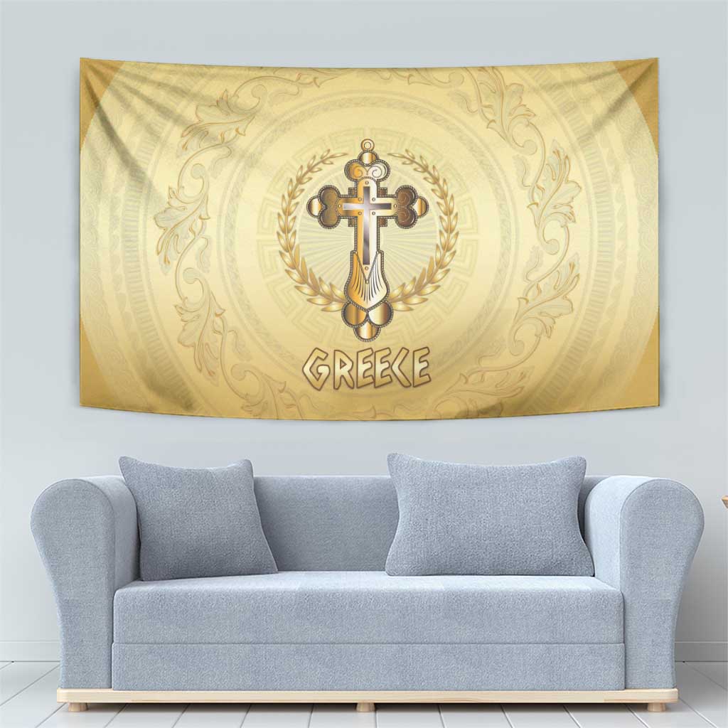 Greece Orthodox Cross Tapestry Ancient Greek Key Gold Heritage