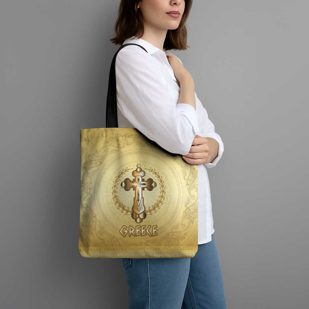 Greece Orthodox Cross Tote Bag Ancient Greek Key Gold Heritage