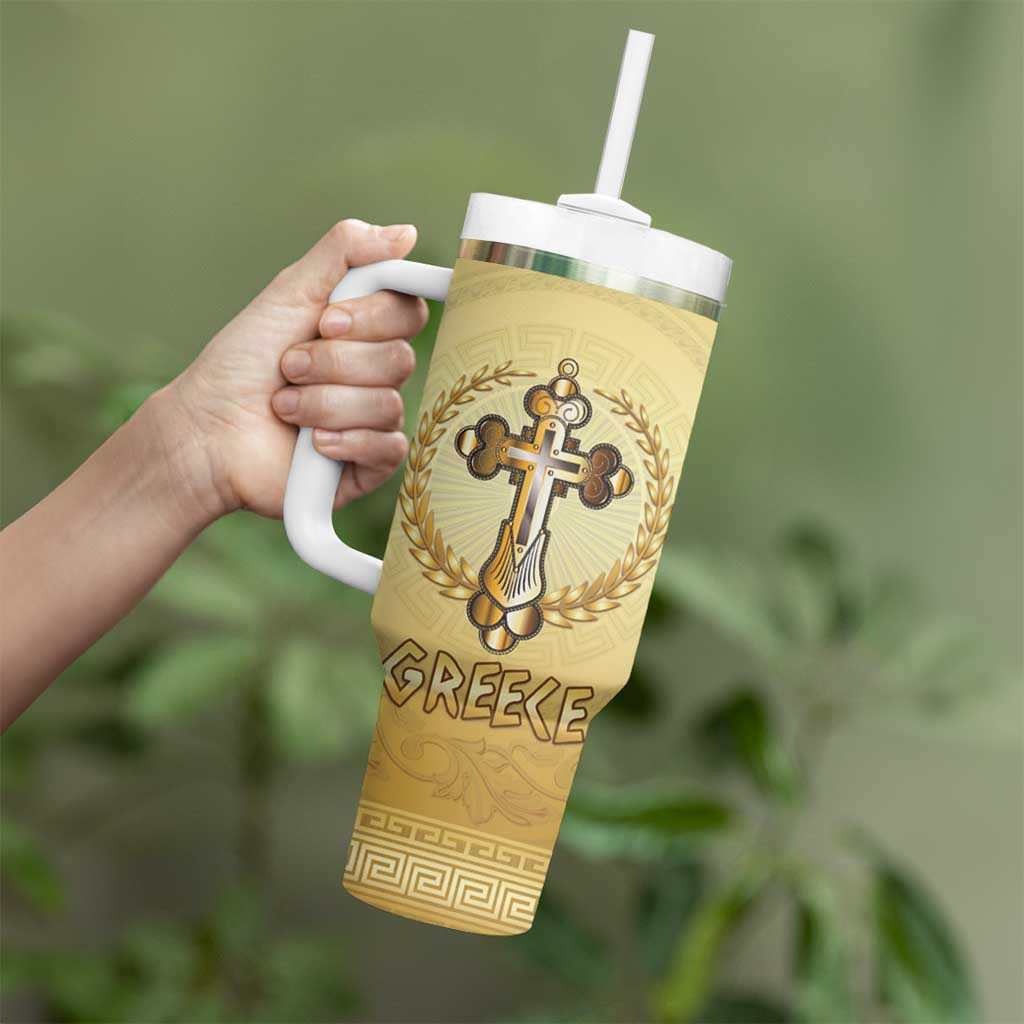 Greece Orthodox Cross Tumbler With Handle Ancient Greek Key Gold Heritage
