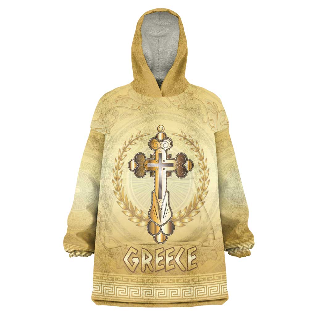 Greece Orthodox Cross Wearable Blanket Hoodie Ancient Greek Key Gold Heritage