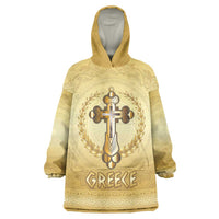 Greece Orthodox Cross Wearable Blanket Hoodie Ancient Greek Key Gold Heritage