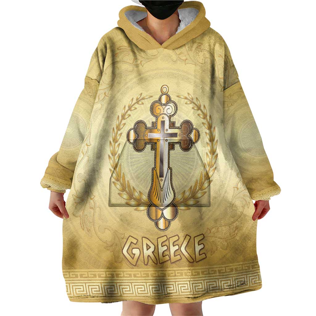 Greece Orthodox Cross Wearable Blanket Hoodie Ancient Greek Key Gold Heritage