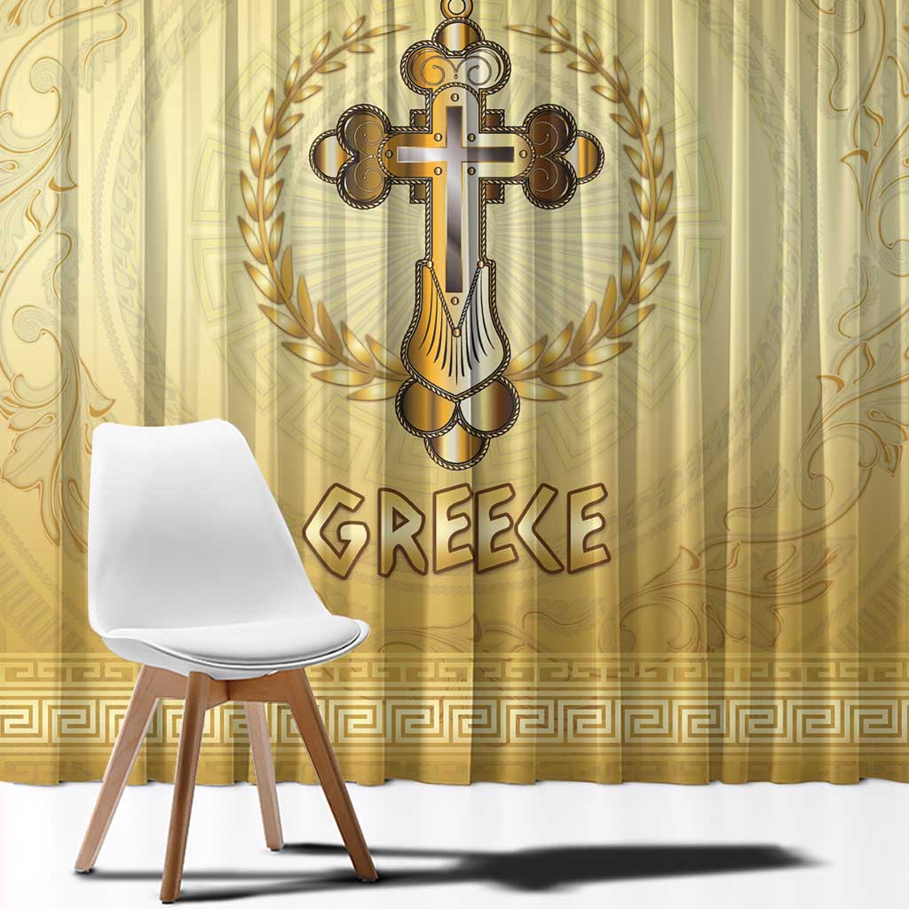Greece Orthodox Cross Window Curtain Ancient Greek Key Gold Heritage