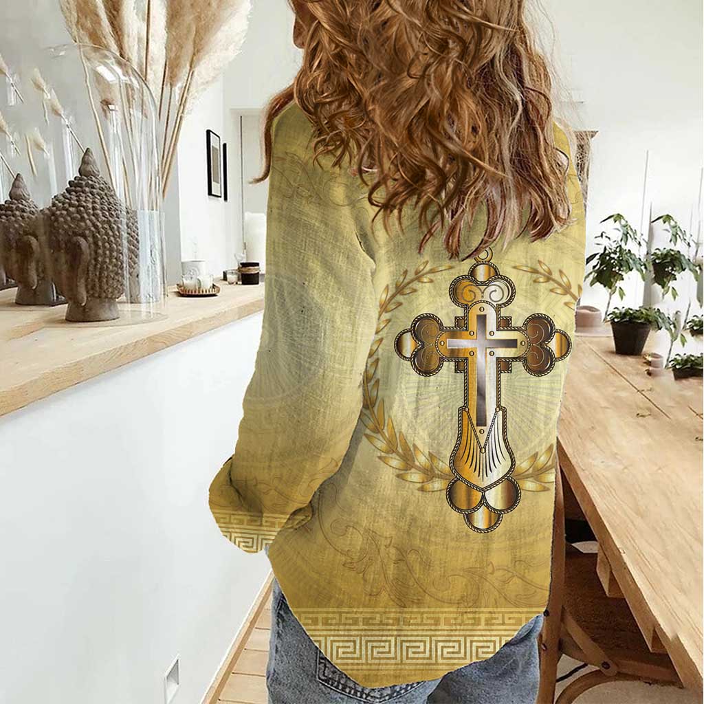 Greece Orthodox Cross Women Casual Shirt Ancient Greek Key Gold Heritage