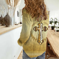 Greece Orthodox Cross Women Casual Shirt Ancient Greek Key Gold Heritage