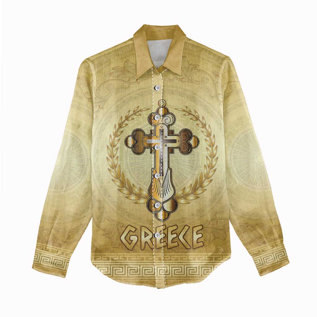 Greece Orthodox Cross Women Casual Shirt Ancient Greek Key Gold Heritage