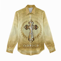 Greece Orthodox Cross Women Casual Shirt Ancient Greek Key Gold Heritage